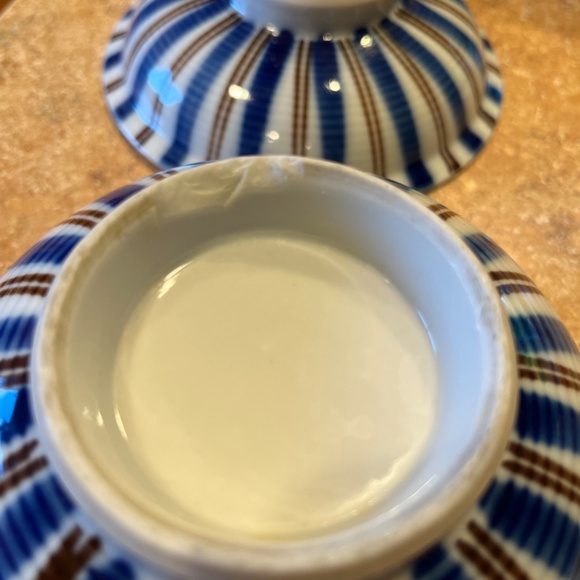 Japanese lidded Rice / Soup Bowl Set Striped Blue Brown - Picture 9 of 11